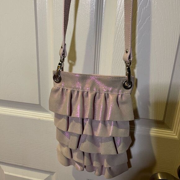 NWOT Maurizio Taiuti leather soft iridescent pink ruffle small crossbody bag - Picture 1 of 11